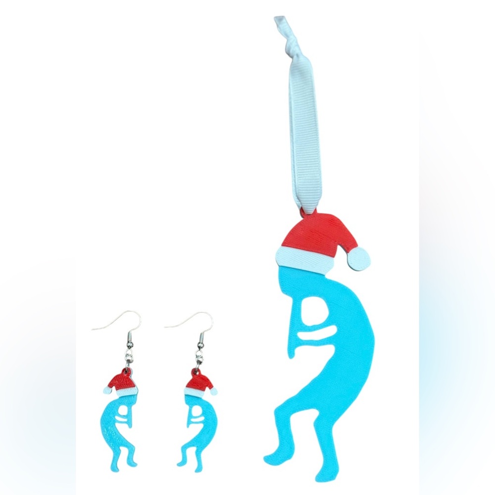 Santa Kokopelli earrings and ornament